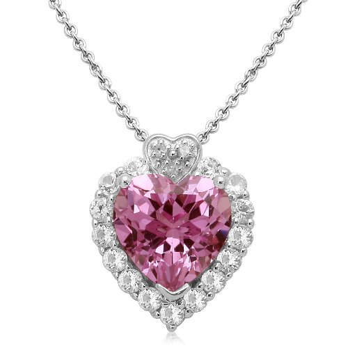 Sterling Silver Created Pink Sapphire with Round Created White Sapphire and Diamonds Heart Pendant, 18