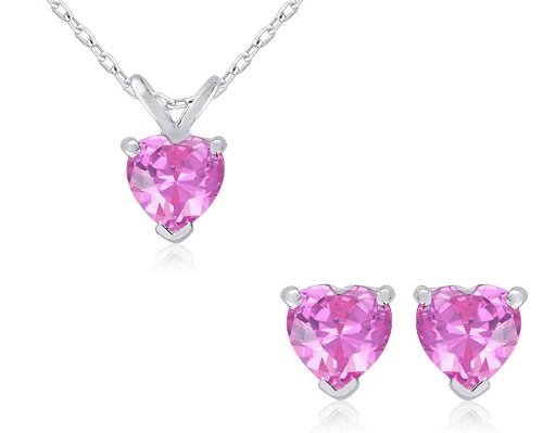 Sterling Silver Amethyst, Blue Topaz, Garnet, Created Pink Sapphire and White Topaz Heart-Shaped Pendant and Earrings Individually-Boxed Set, 18