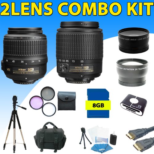 Nikon 18-55mm Vr Af-s Dx Nikkor Lens + Nikon 55-200mm Ed Af-s Dx Lens + Deluxe Accessory Kit for Nikon D3000, D3100, D5000, D5100, D7000 Dslr Cameras (8gb 5lens Kit) ( Zm Len ) รูปที่ 1