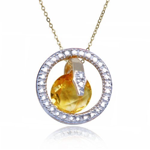 18k Yellow Gold Plated Sterling Silver Citrine 7mm and Diamond Accent Pendant, 18