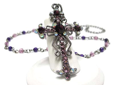 Gorgeous Large Amethyst Purple & Aurora Borealis Crystal Cross Pendant/Charm Necklace with Amethyst Purple/Lilac Beads Black/Hematite Tone ( Necklaces by Ks Charming Designs pendant ) รูปที่ 1