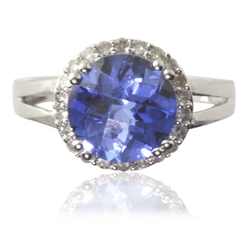 5.00cttw Natural White Round Diamonds (SI-Clarity, GH-Color) and Created Checkered Cut Tanzanite Ring in 14K White Gold. ( TriJewels ring ) รูปที่ 4