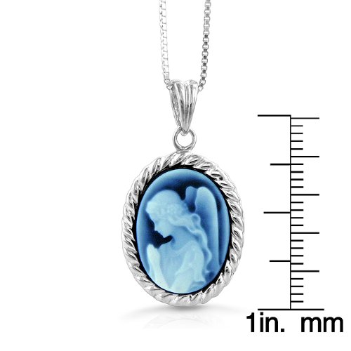 Sterling Silver 16X12mm Blue Agate Guardian Angel Cameo Pendant w/18