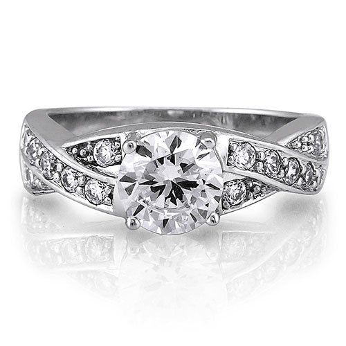 Sterling Silver Round Cubic Zirconia CZ Solitaire Ring w/Side Stones - Women's Engagement Wedding Ring ( BERRICLE ring ) รูปที่ 3