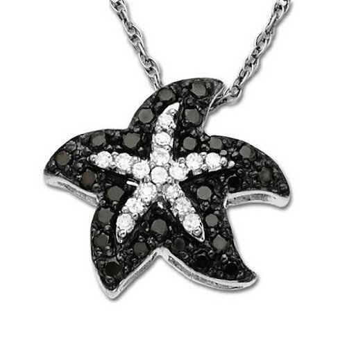 10K White Gold Round Black White Diamond Starfish Pendant (1/3 cttw, H-I Color, SI Clarity) with FREE 10K Gold 18 inch Chain ( DazzlingRock.com Collection pendant ) รูปที่ 1