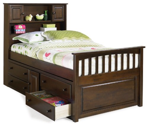 Twin Size Captain's Bed with Underbed 4 Storage Drawer Chest Antique Walnut Finish  รูปที่ 1