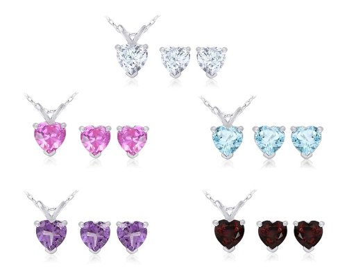 Sterling Silver Amethyst, Blue Topaz, Garnet, Created Pink Sapphire and White Topaz Heart-Shaped Pendant and Earrings Individually-Boxed Set, 18