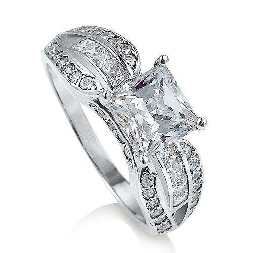Sterling Silver Princess Cubic Zirconia Solitaire Ring w/ Side Stones - Women's Engagement Wedding Ring ( BERRICLE ring ) รูปที่ 1