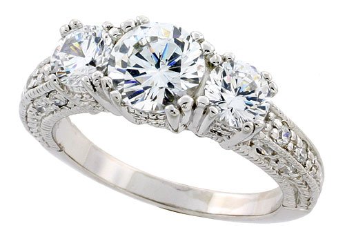 Sterling Silver Vintage Style 3-Stone Engagement Ring w/ Rhodium Plating, w/ two 5mm (0.50 Carat each) & one 7mm (1.25 Carats) Brilliant Cut CZ Stones, 1/4