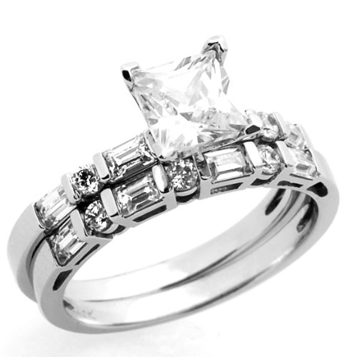14K White Gold Engagement Ring 1.2ctw CZ Cubic Ziroconia Princess Cut Solitaire W/ Baguette Ring Set ( Double Accent ring ) รูปที่ 1