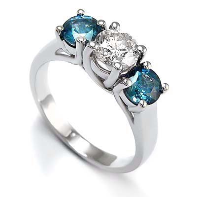 3 Stone Round White Diamond & Blue Diamond Accented Ring in 14K White Gold (1/4 ctw) ( DivaDiamonds ring ) รูปที่ 1