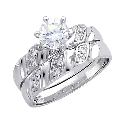 14K White Gold Round CZ Cubic Ziconia Solitaire Engagement and Wedding Band Ring Set for Women ( The World Jewelry Center ring ) รูปที่ 1