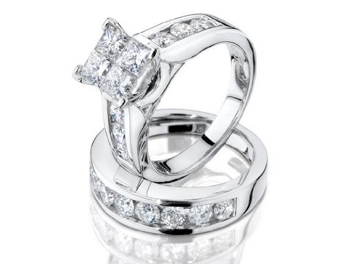 Princess Cut Diamond Engagement Ring and Wedding Band Set 1 Carat (ctw) in 10K White Gold ( MyJewelryBox ring ) รูปที่ 3