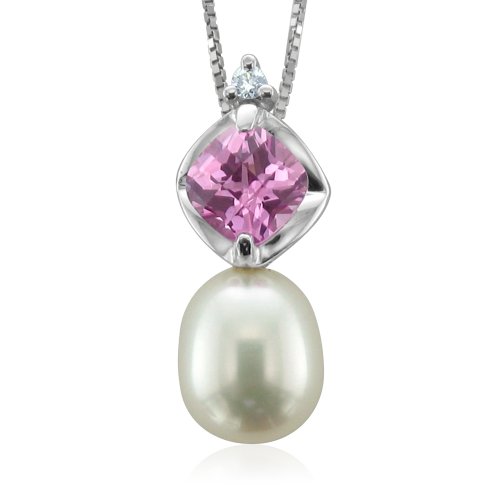 Natural Diamond, Pink Tourmaline and Pearl Necklace Pendant in 10k White Gold ( My Love Wedding Ring pendant ) รูปที่ 1