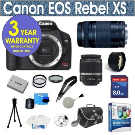 Review Canon Rebel XS 10.1 Megapixel Digital SLR Camera with Canon EF-S 18-55mm f/3.5-5.6 IS SLR Lens + Canon EF 75-300mm f/4-5.6 III Telephoto Zoom Lens + 2x Telephoto Lens + 8 Gig Memory Card + Camera Bag + 50