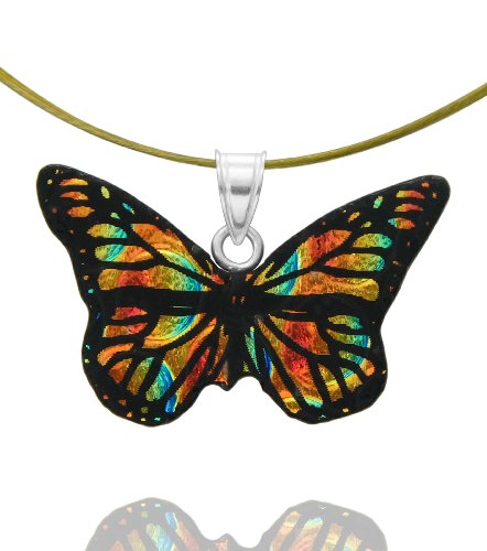 Sterling Silver Dichroic Glass Smaller Orange and Yellow Butterfly Pendant on Stainless Steel Wire, 18