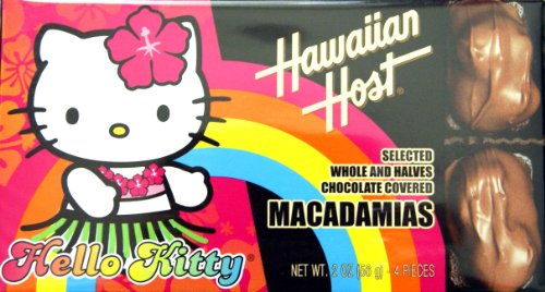 Hawaiian Host SELECTED WHOLE AND HALVES Chocolate Covered Macadamias Hello Kitty Mini Box GIFT BOX NET WT 2 OZ (56 g) Each - 4 PACK of Each 2 OZ Mini Boxes NET WT 8 OZ ( Hawaiian Host Hello Kitty Gift Pack Chocolate Gifts ) รูปที่ 1