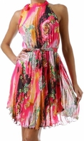 Sheer Semi-Opaque Pleated Short Sleeveless Dress with Paisley Design ( Choose Pink or Yellow ) ( Sakas Dresses Night Out dress )