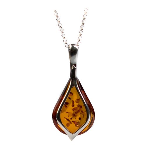 Sterling Silver Honey Amber Drop Pendant, 18