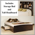 Queen Size Storage Bed PLUS Tall Storage Headboard (ESPRESSO) (Wood bed)