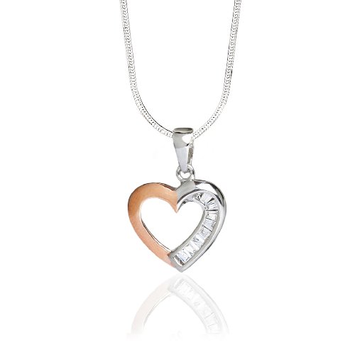 Olive N Figs Sterling Silver and Pink Gold Plated CZ Heart Pendant Necklace with 18