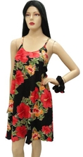Lovely SEXY BLACK & RED HIBISCUS Flower Print Beach Dress Sundress L ( La Leela Casual Dress )