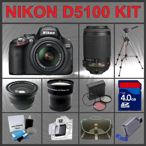 Review Nikon D5100 SLR Digital Camera with 18-55mm II AF-S DX Lens + Nikon AF-S DX VR Zoom-Nikkor 55-200mm f/4-5.6G IF-ED Lens Huge Accessories Package Including Wide Angle Macro Lens + Telephoto Lens + 4gb SDHC Memory Card + Hi-Speed SD Card Reader + 53'' Tripod + LCD / Lens Cleaner Kit + Lens Filter kit + Carrying Case + LCD Screen Protectors + Kit รูปที่ 1