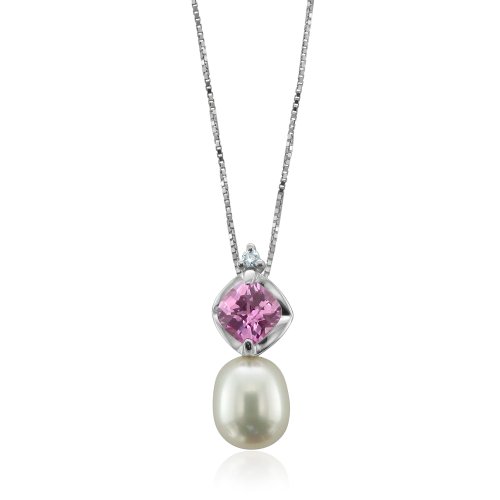 Natural Diamond, Pink Tourmaline and Pearl Necklace Pendant in 10k White Gold ( My Love Wedding Ring pendant ) รูปที่ 3