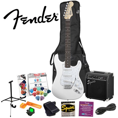 Squier by Fender Stop Dreaming, Start Playing: Arctic White SE Special Strat with Squier SP-10 Amp (Upgrade Pack includes: Fender/ GO-DPS 12 Pack Pick Sampler (Part# DPS-FN-SAMPLER), Squier Strings & String Winder ( Squier by Fender guitar Kits ) ) รูปที่ 1
