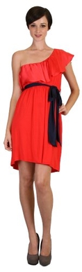 One Shoulder Ruffled Short Dress with Contrast Navy Sash ( Vava by Joy Han Casual Dress )