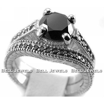 3.20ct Fancy-Black Diamond Engagement & Wedding Ring Band Set 14k White Gold Antique Style ( Bell Jewels ring ) รูปที่ 1