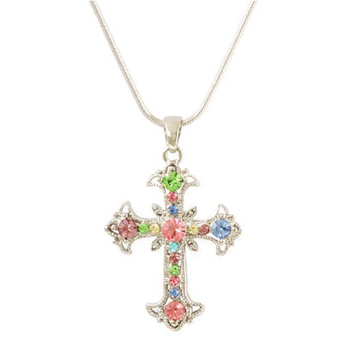 Silvertone Pastel Crystal Cross Pendant Necklace Fashion Jewelry ( PammyJ Necklace pendant ) รูปที่ 1