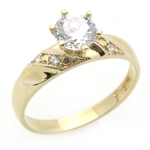 14K Engagement Ring 1ctw CZ Cubic Zirconia Solitaire Yellow Gold Ring ( Double Accent ring ) รูปที่ 1