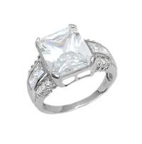 Sterling Silver Engagement Ring With Emerald Cut Cubic Zirconia In Half Bezel Setting and Sidestones ( Noureda ring ) รูปที่ 3