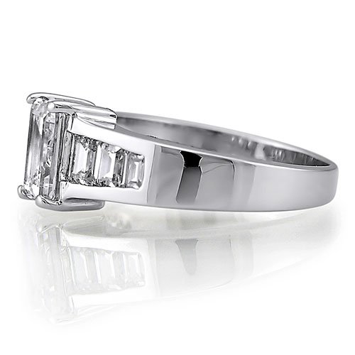 Sterling Silver Emerald Cubic Zirconia CZ Solitaire Ring w/ Side Stone - Women's Engagement Wedding Ring ( BERRICLE ring ) รูปที่ 4