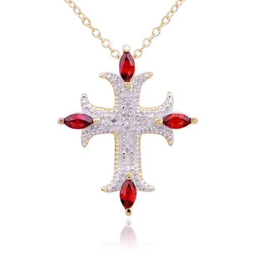 18k Yellow Gold Plated Sterling Silver Genuine Garnet and Diamond Accent Cross Pendant, 18