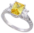 Sterling Silver Vintage Style Engagement Ring, w/ two 5 x 3 mm (.25 ct) & one Yellow Topaz-colored 8 x 6 (1.5 ct) Emerald Cut CZ Stones, 5/16