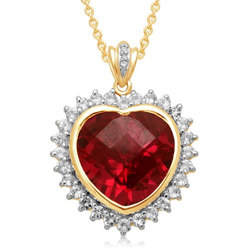 18K Gold Overlay Sterling Silver Checkerboard Heart Created Pink Sapphire And Round Created White Sapphire With Diamond Studded Bail Pendant, 18