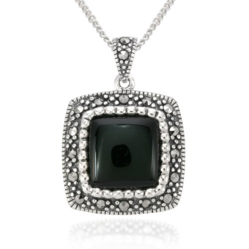 Sterling Silver Marcasite and Onyx Cushion Square Pendant, 18