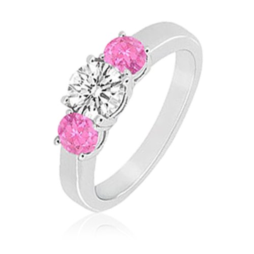 0.33cttw Natural White Round Diamond (SI-Clarity, GH-Color) and Natural Pink Sapphire (AA+ Clarity,Pink-Color) Three Stone Ring in 14K White Gold. ( TriJewels ring ) รูปที่ 1