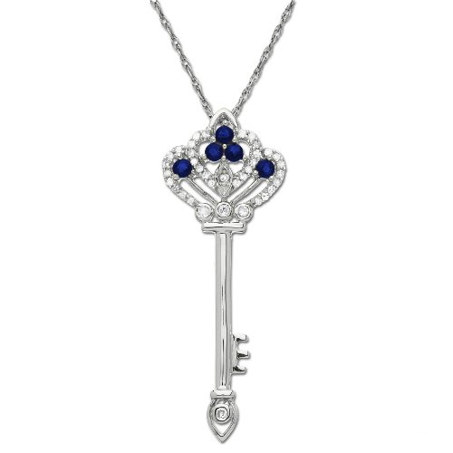 10k White-Gold Sapphire and Diamond Royal Key Pendant (.13cttw, I-J Color, I3 Clarity), 18