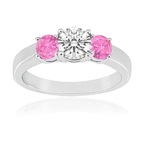 0.33cttw Natural White Round Diamond (SI-Clarity, GH-Color) and Natural Pink Sapphire (AA+ Clarity,Pink-Color) Three Stone Ring in 14K White Gold. ( TriJewels ring ) รูปที่ 4