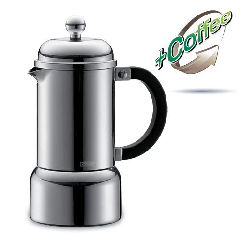 Bodum Chambord 6 oz Stainless Steel 3 Cup Stovetop Espresso Maker (includes 1/2 lb Colombia Supremo Gourmet Coffee) รูปที่ 1