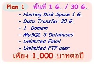 โปรโมรชั่น   จดโดเมน+โฮสต์ ค่าบริการปีละ 1000 บาท พื้นที่ 1 G. / bandwidth 30 G รูปที่ 1