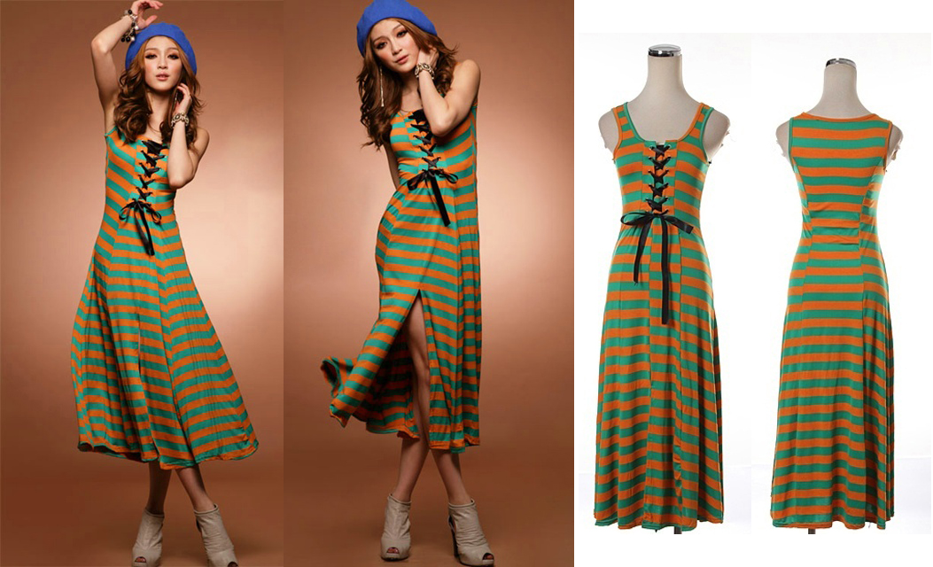 Mix Dress เกาหลี สีเขียว-ส้ม รูปที่ 1