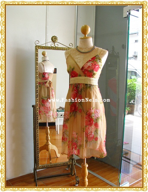 Chiffon V Neck Dress DR1257  เดรสผ้าชีฟองคอวีลายดอก รูปที่ 1