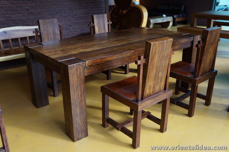 ชุดโต๊ะอาหารไม้สัก+เก้าอี้หนังแท้ TBG-20 SET 4 รูปที่ 1