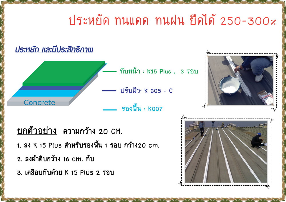 K 15 PLUS POLYURETHANE น้ำยาป้องกันการรั่วกันซึม ผลิตภัณฑ์ polyurethane สูตรน้ำ ป้องกันน้ำรั่วซึม,ลดอุณหภูมิใต้หลังคา,ทนต่อน้ำขังได้โดยไม่เปื่อยยุ่ย รูปที่ 4