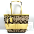 Used 13548 COACH SIGNATURE STRIPE Tote Bag Rare Canary Yellow Colour
