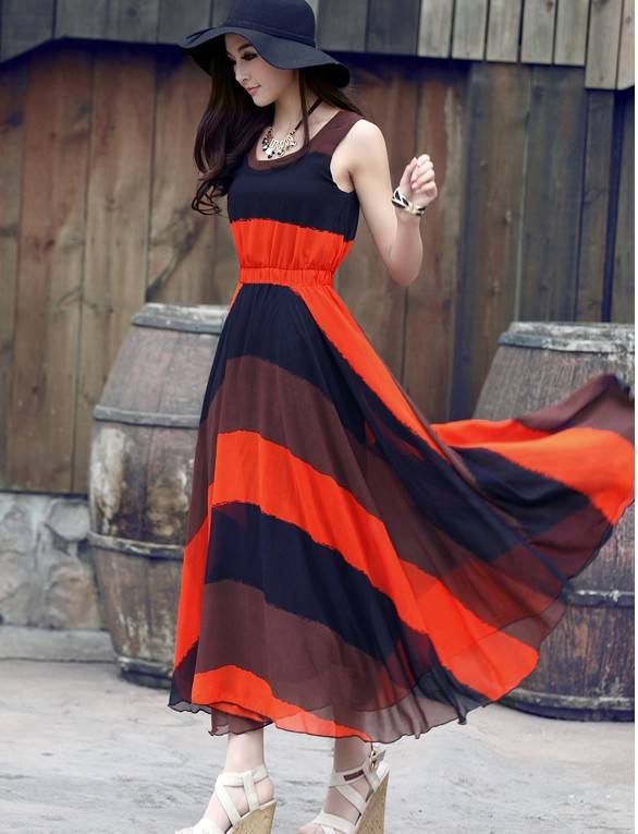 (พร้อมส่ง) Maxi dress สไตล์โบฮีเมียนลายสีส้ม รูปที่ 1